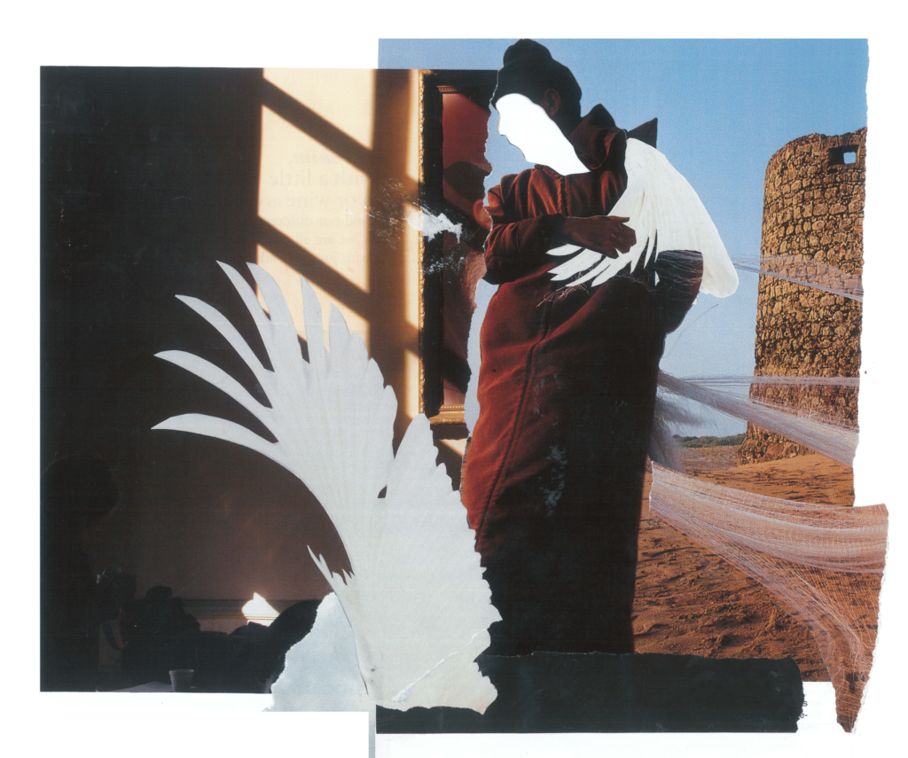 collage: a figure stands, holding one arm around themself. Their face is cut out to reveal white background. A wing is draped over their shoulder. Another wing or feather rises toward them. In the backgroun on the left is the wall of a room, sunlight and shadow of the window frame show. On the right, a sandy environment with a stone, cylindrical structure.