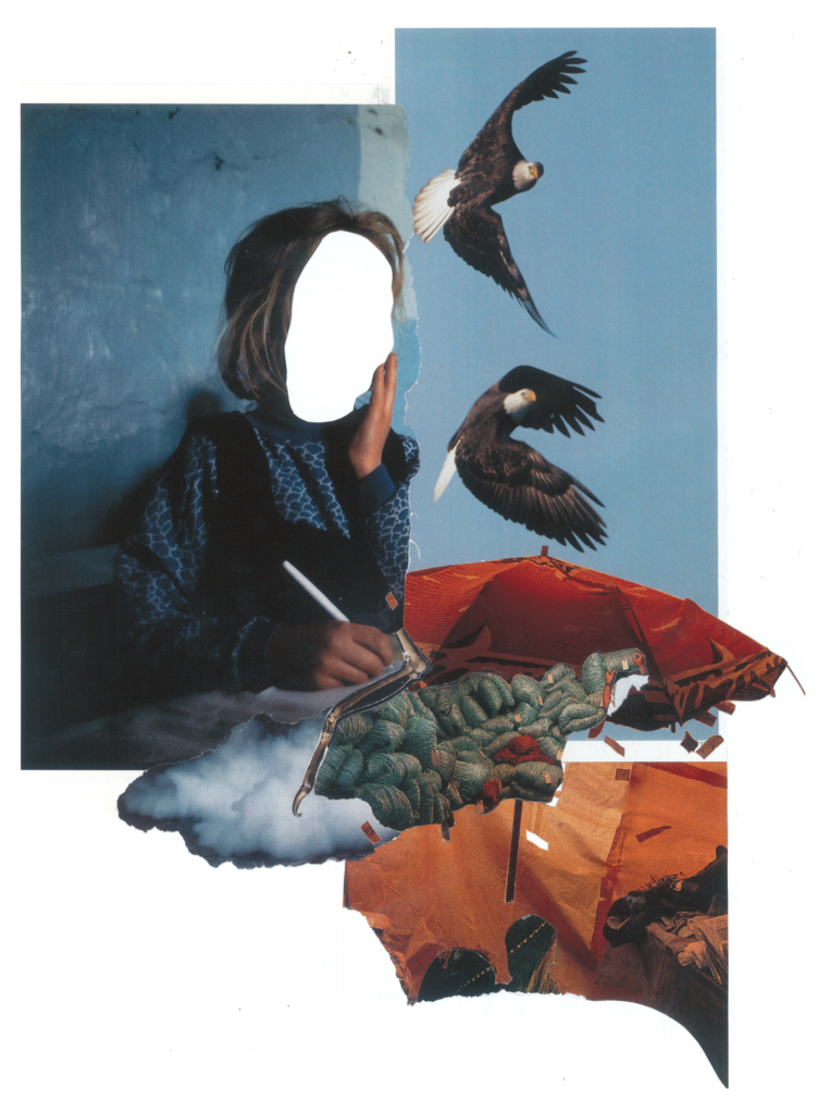 collage: a figure sits at a table with w pen, their face is cut out revealing a white background. it looks like they are writing on a desk made of cloud, detritus, and an umbrella. they face two eagles on the right, which fly over the umbrella, which stands on a bed of sand. 